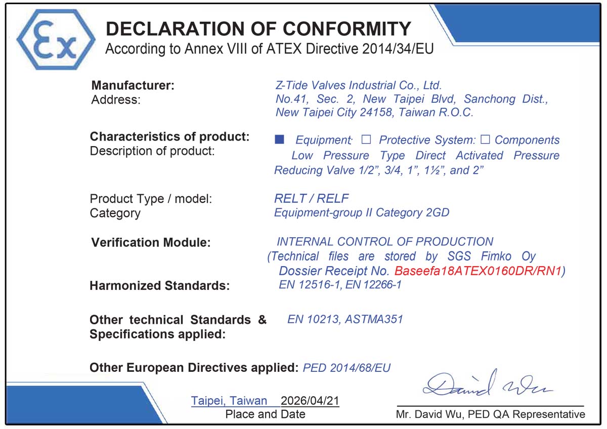 Válvula reductora de presión Z-Tide de baja presión con certificación ATEX Válvula reductora de presión Z-Tide de baja presión con certificación ATEX