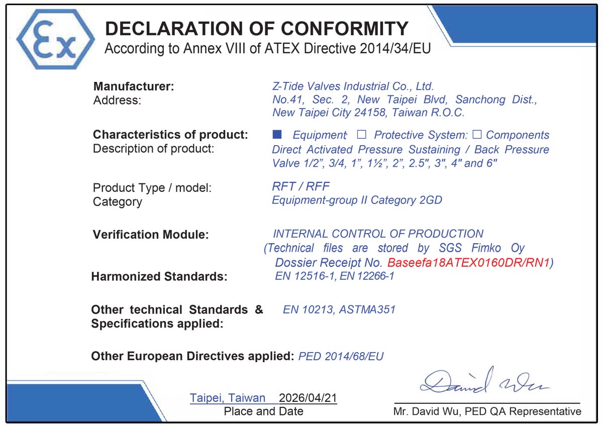 Válvula de mantenimiento de presión de acción directa Z-Tide con certificación ATEX Válvula de mantenimiento de presión de acción directa Z-Tide con certificación ATEX
