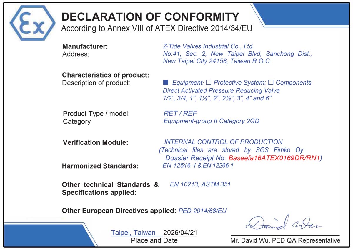 Válvula reductora de presión de acción directa Z-Tide de acero inoxidable 316 con certificación ATEX